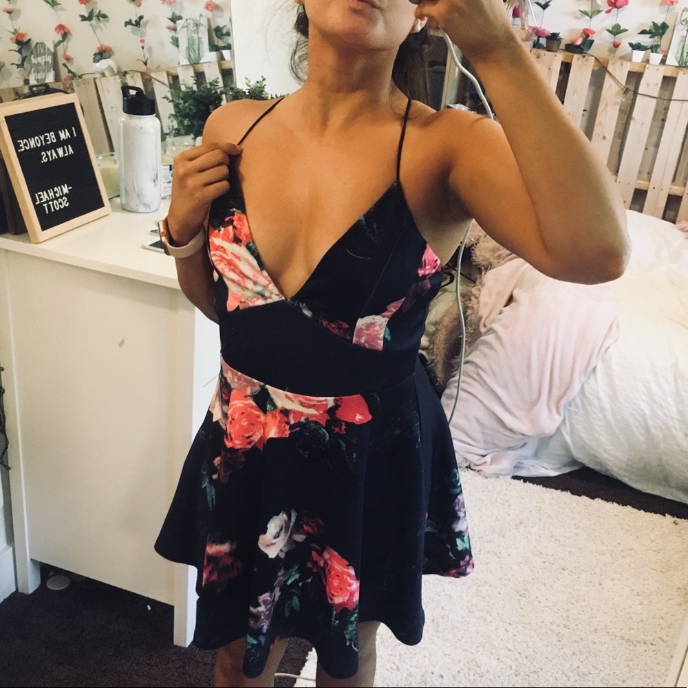 Dark Blue Sweetheart Dress With Pink Floral Print